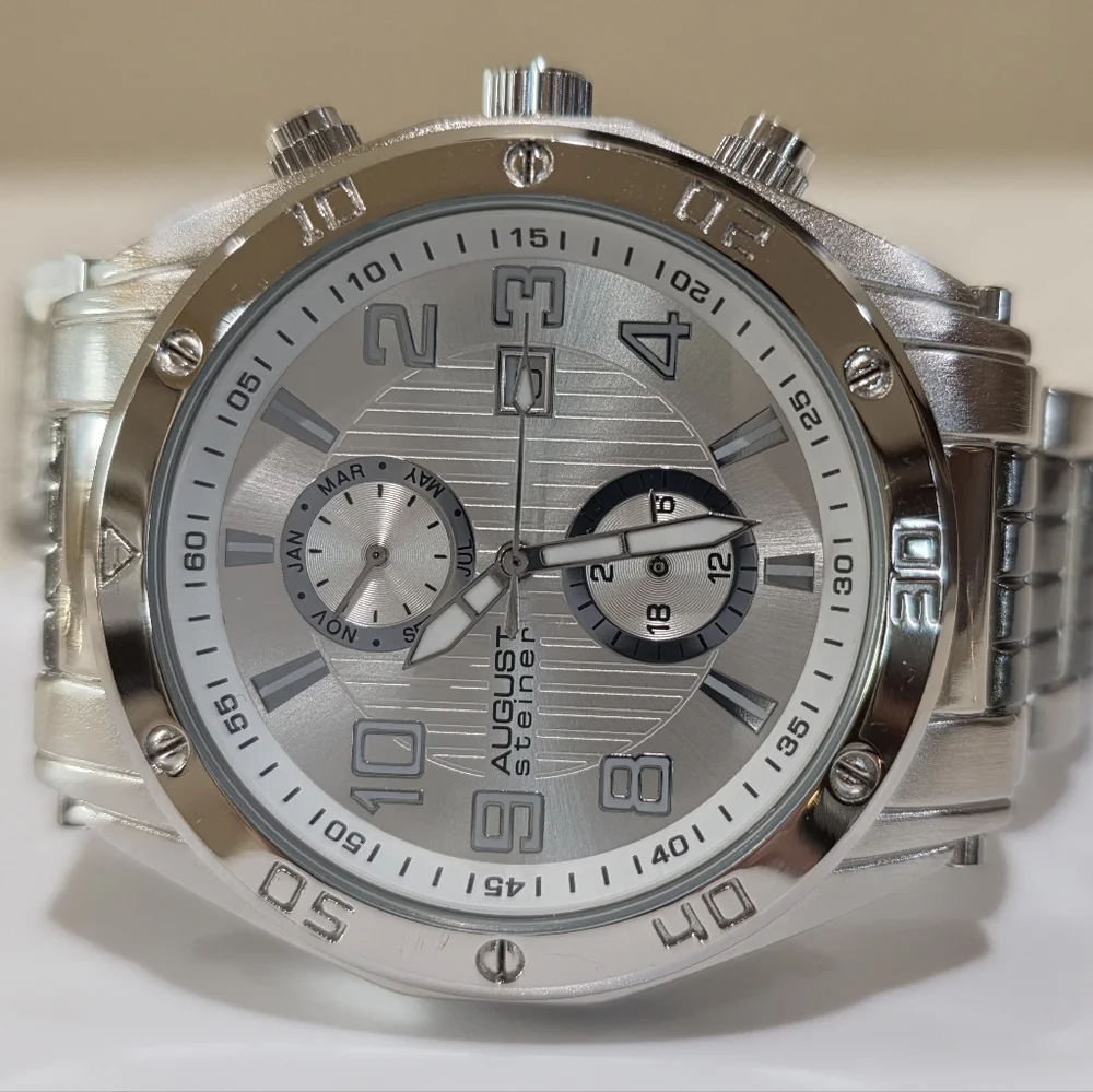 August Steiner Men's AS8070SS Swiss Quartz Month Date Silvertone Wrist Watch